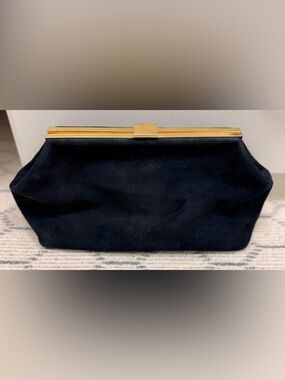 MANSUR GAVRIEL Quiet Luxury Dark Navy Suede Gold Frame Volume Clutch - AS IS